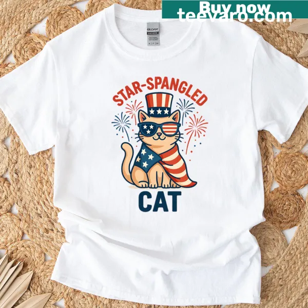 Illustration of a cat in shades with stars and stripes for the 4th of July
