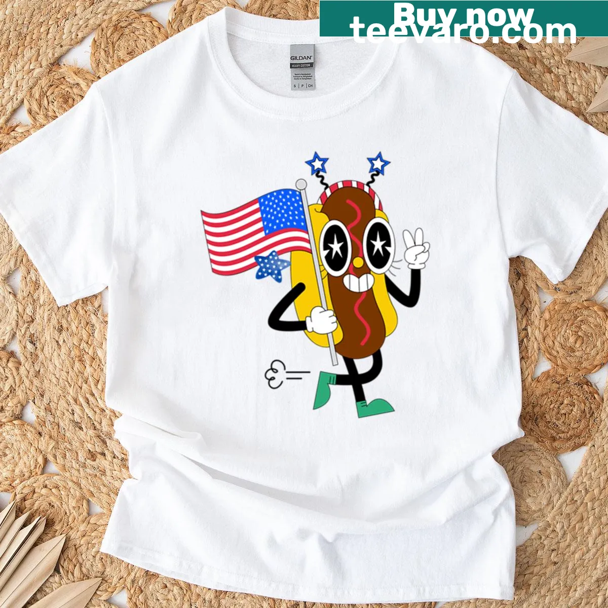 Humorous 4th of July shirt featuring a hot dog design with star-spangled elements. — on a men's t-shirt