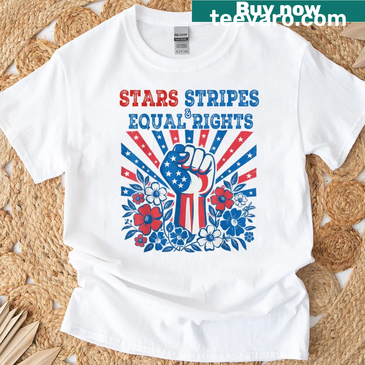 Floral design with stars and stripes advocating equal rights — on a men's t-shirt