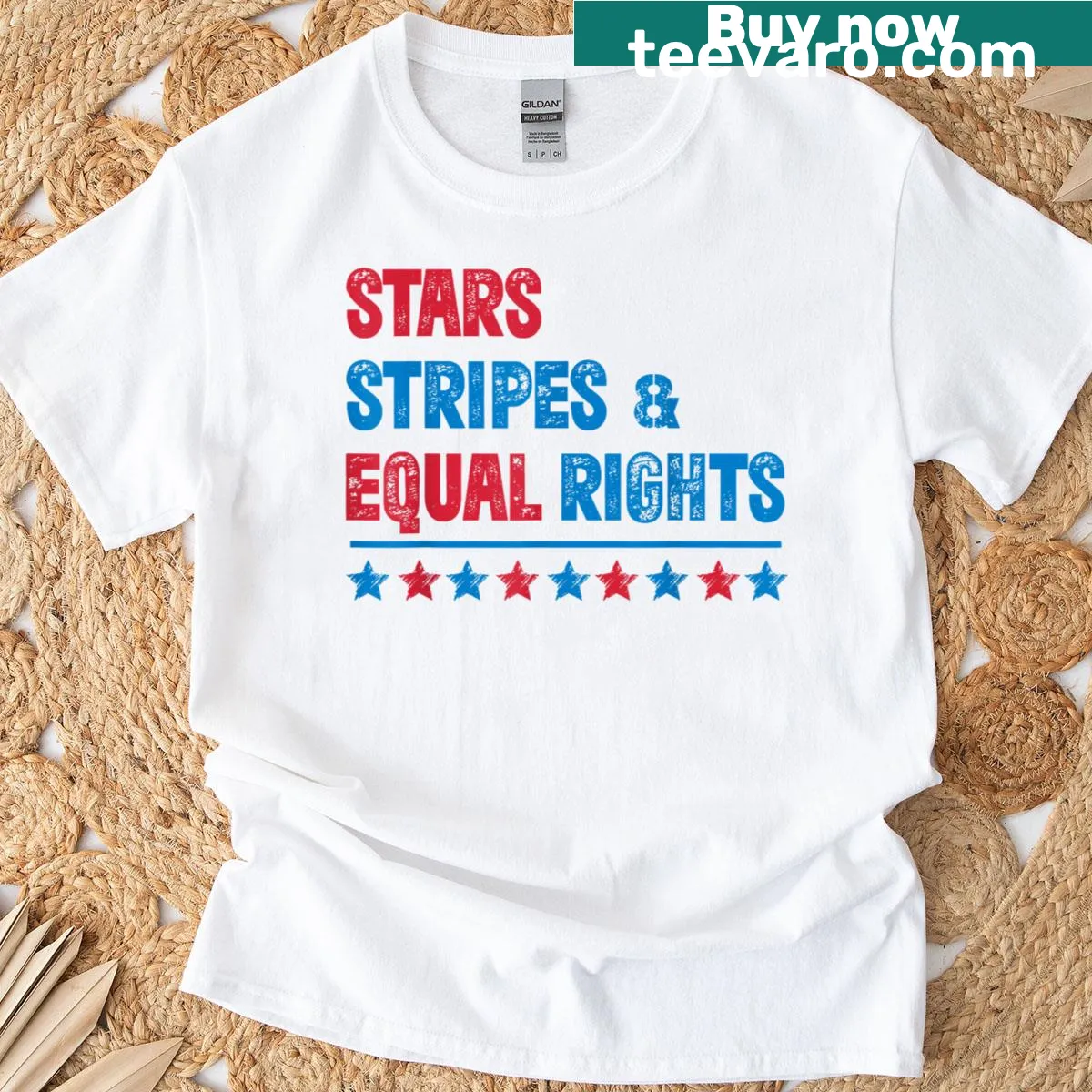 Typographic design featuring stars, stripes, and equal rights for Fourth of July — on a men's t-shirt