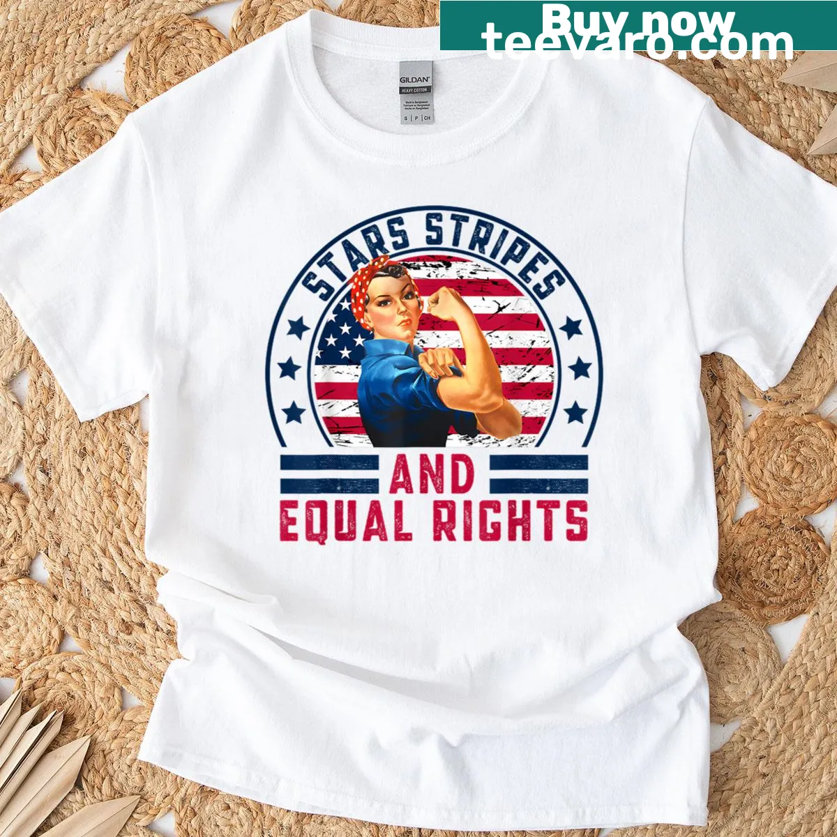 Typography design focusing on stars, stripes, and women's rights for Fourth of July — on a men's t-shirt