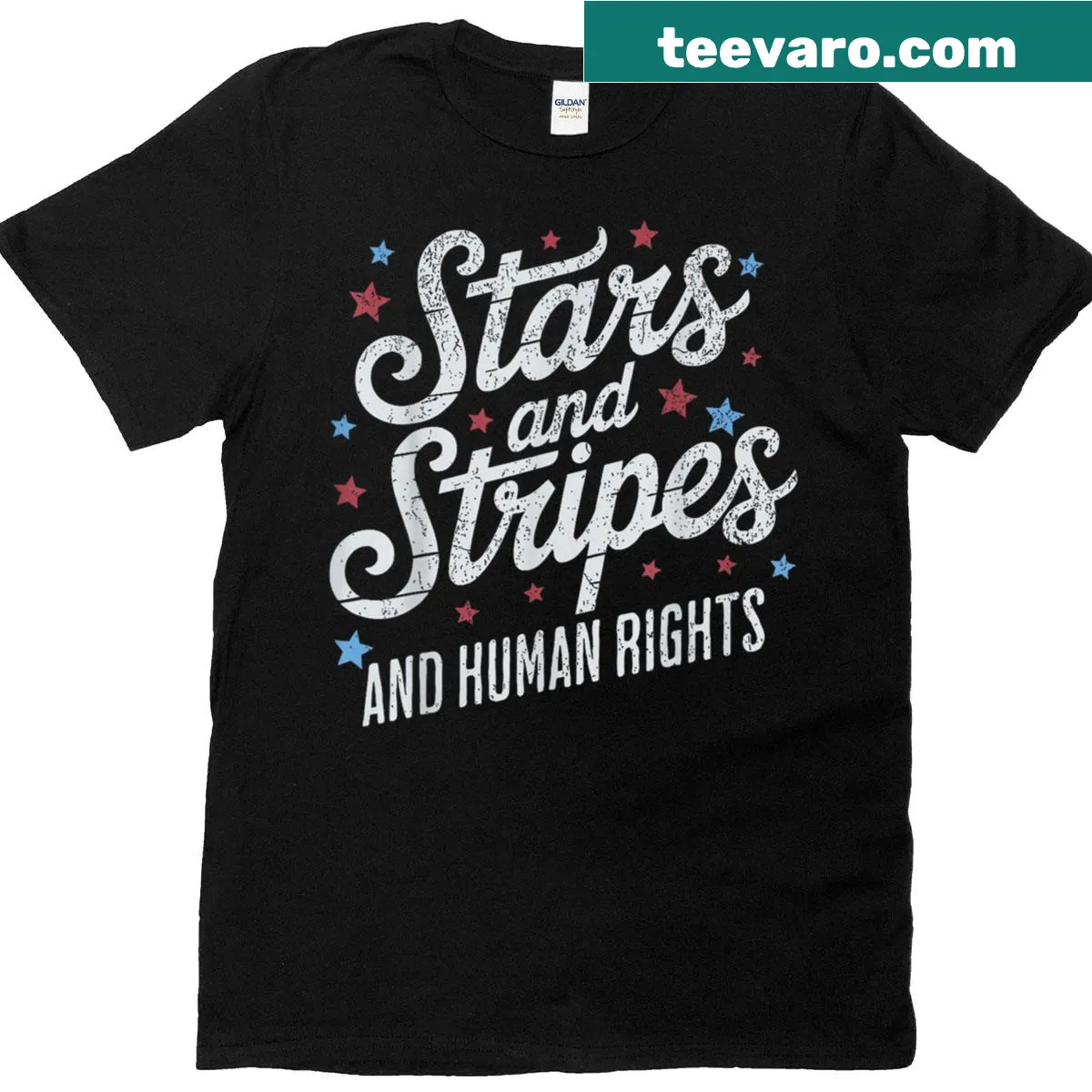 T-shirt featuring the phrase 'Stars Stripes And Human Rights' — on a men's t-shirt