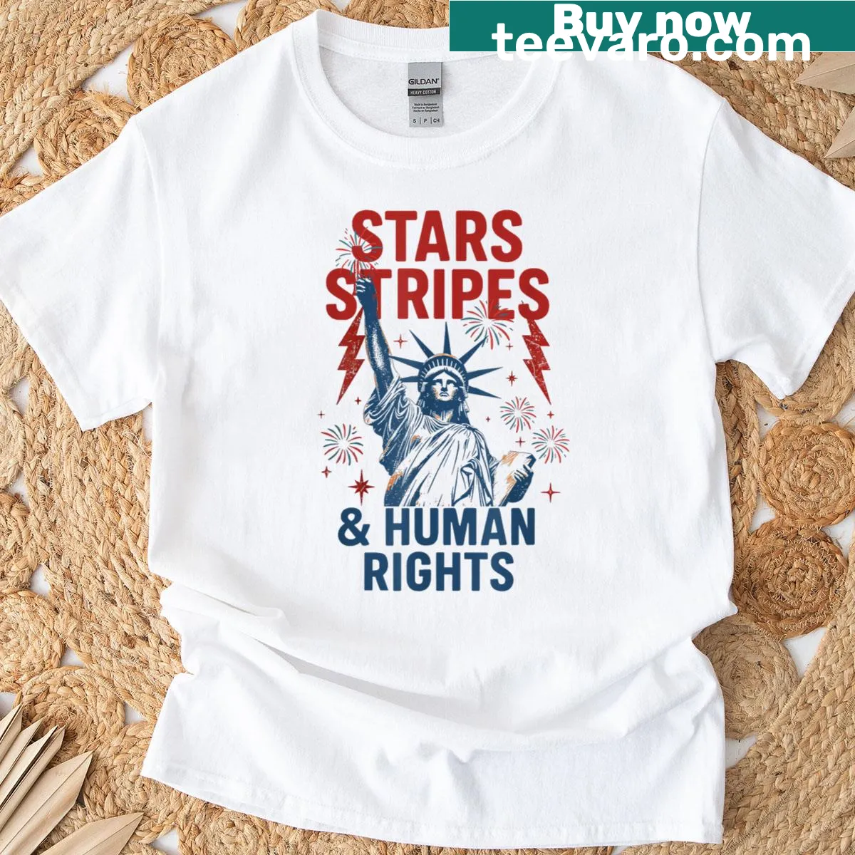 Bold design with stars and stripes promoting human rights — on a men's t-shirt