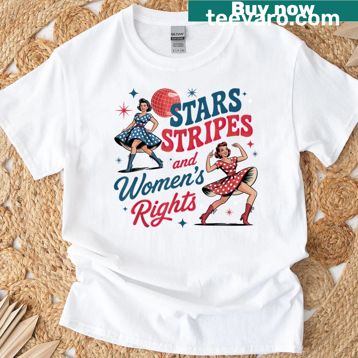 T-shirt featuring the phrase 'Stars, Stripes, And Women's Rights' for the Fourth of July. — on a men's t-shirt
