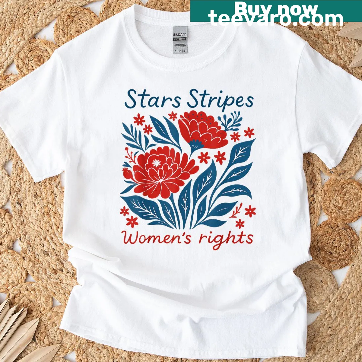Patriotic T-shirt with stars, stripes, and women's rights message — on a men's t-shirt