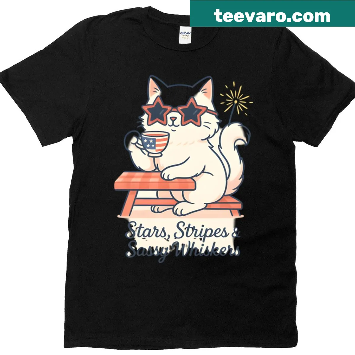 Funny patriotic design featuring a sassy cat with stars and stripes for July 4th — on a men's t-shirt