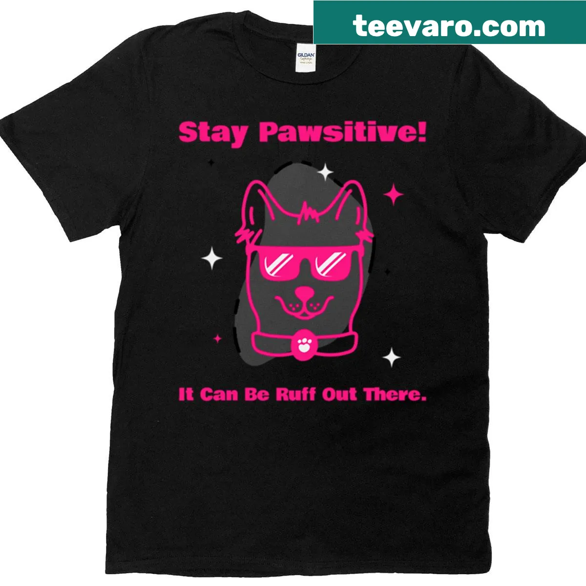 Typography T-shirt featuring 'Stay Pawsitive It Can Be Ruff Out There' for dog lovers — on a men's t-shirt