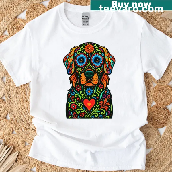 Sugar skull design of a golden retriever on a black T-shirt