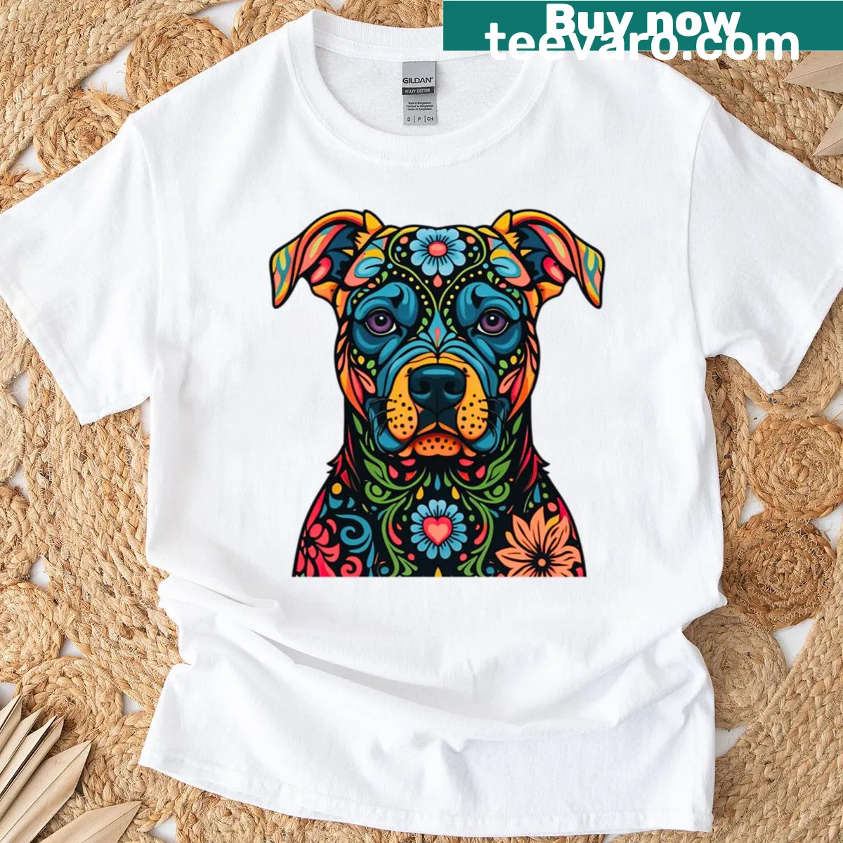 Sugar skull design of a pitbull on oversized T-shirt — on a men's t-shirt