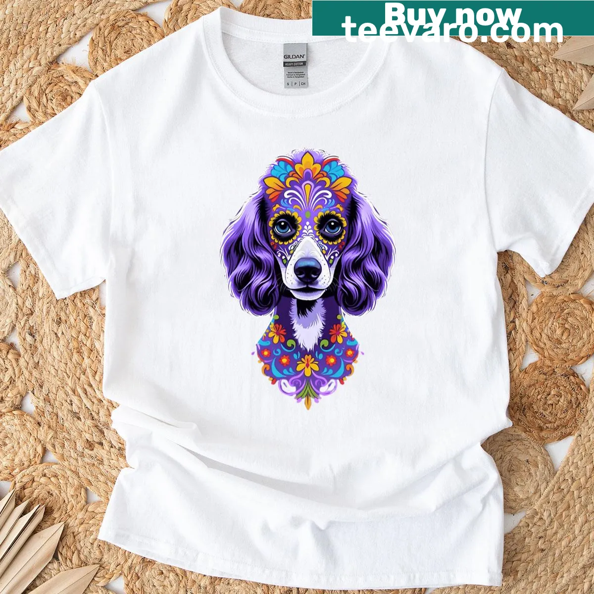 Sugar skull design of a poodle on T-shirt — on a men's t-shirt