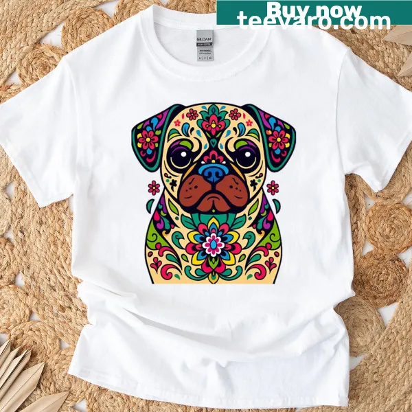 T-shirt featuring a pug depicted as a sugar skull for Día de los Muertos