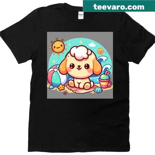 Whimsical T-shirt featuring a character named Plutter in a playful summer scene.