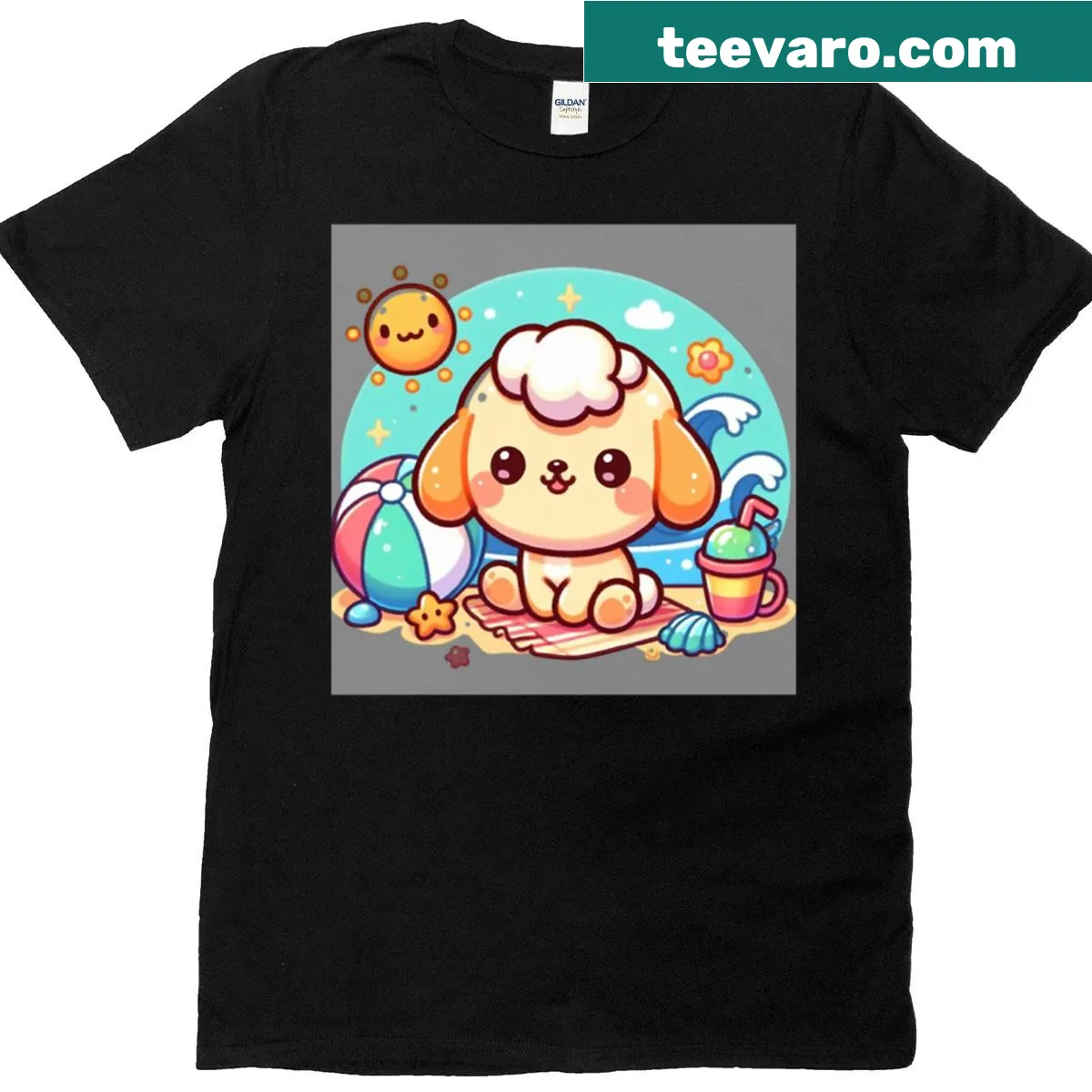 Whimsical T-shirt featuring a character named Plutter in a playful summer scene. — on a men's t-shirt