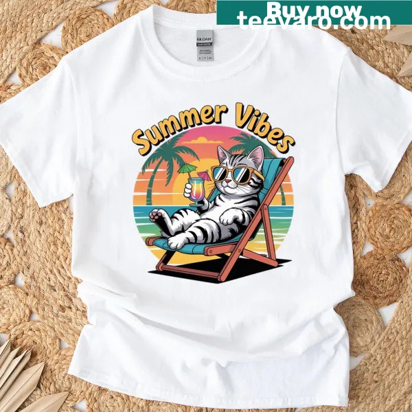 T-shirt with a chilled cat design in a beach setting, reflecting summer vibes