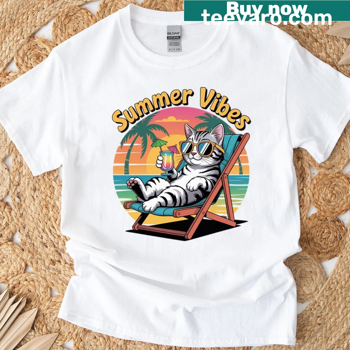T-shirt with a chilled cat design in a beach setting, reflecting summer vibes — on a men's t-shirt