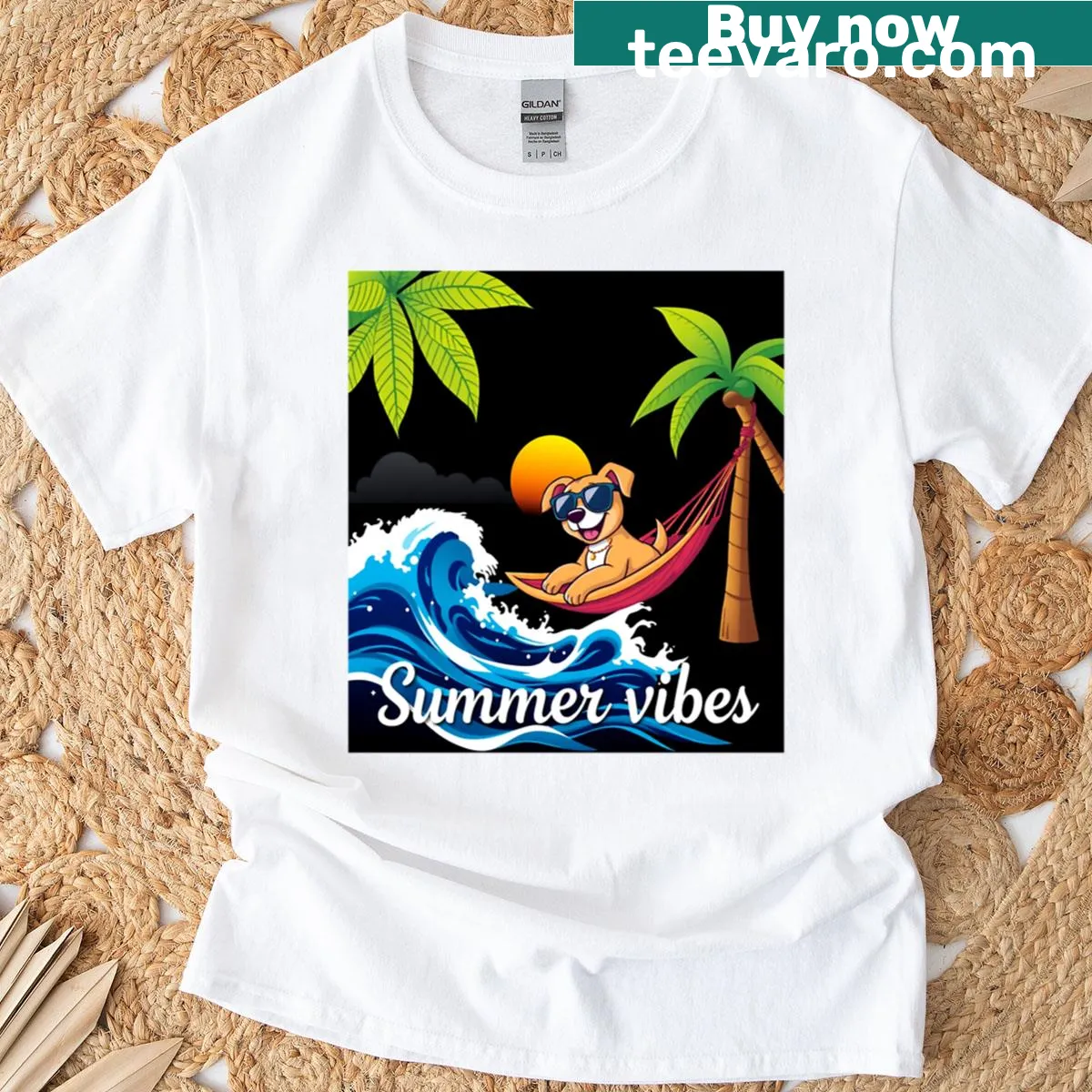 Cartoon dog with sunglasses graphic on t-shirt — on a men's t-shirt