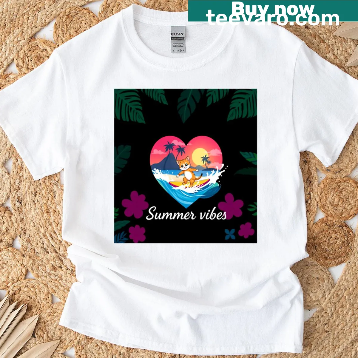 T-shirt featuring a kawaii cat surfing, embodying summer fun — on a men's t-shirt