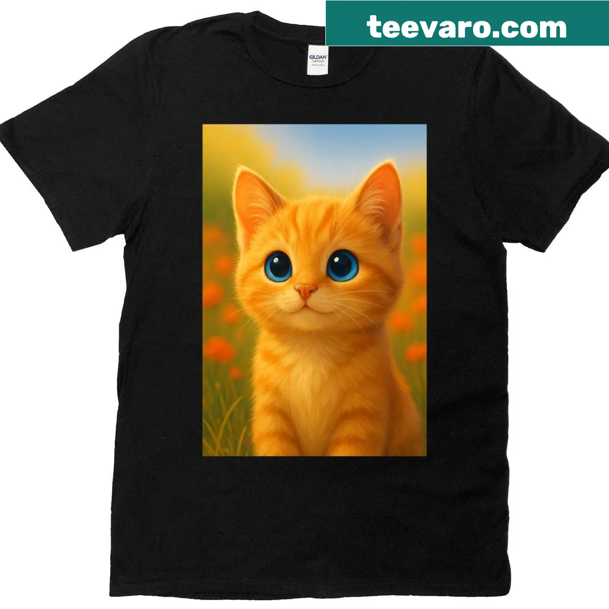 T-shirt featuring a cute kitten graphic with big blue eyes and a heart — on a men's t-shirt