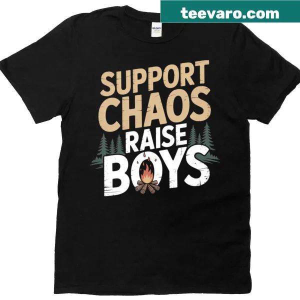 Rustic design featuring campfire graphics and playful text about parenting boys