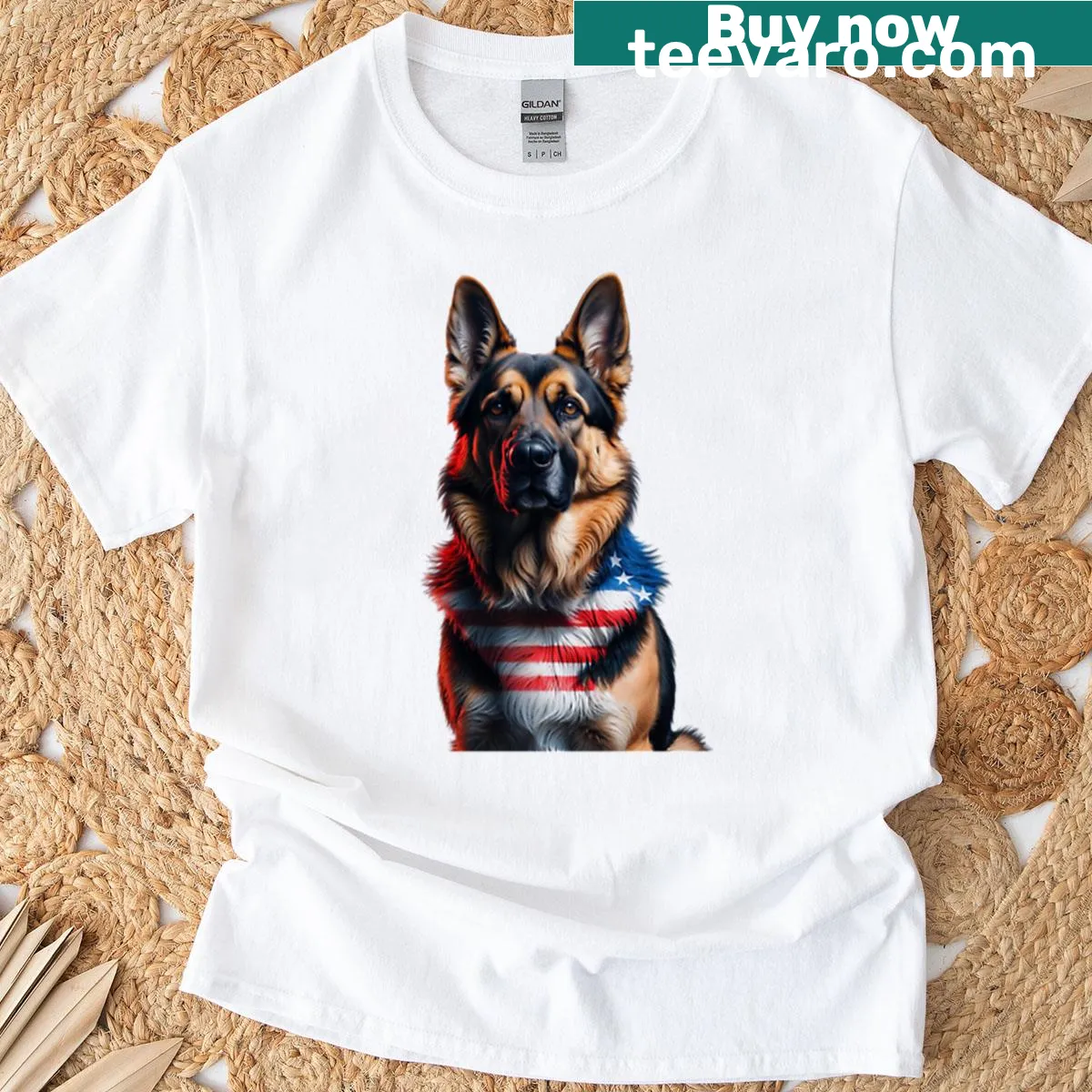 Patriotic T-shirt featuring an illustration of a German Shepherd — on a men's t-shirt