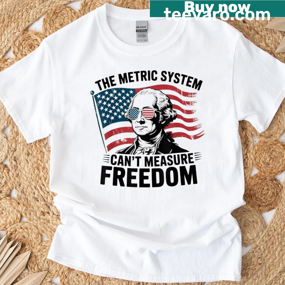 Text saying 'The Metric System Can’t Measure Freedom' on a shirt — on a men's t-shirt