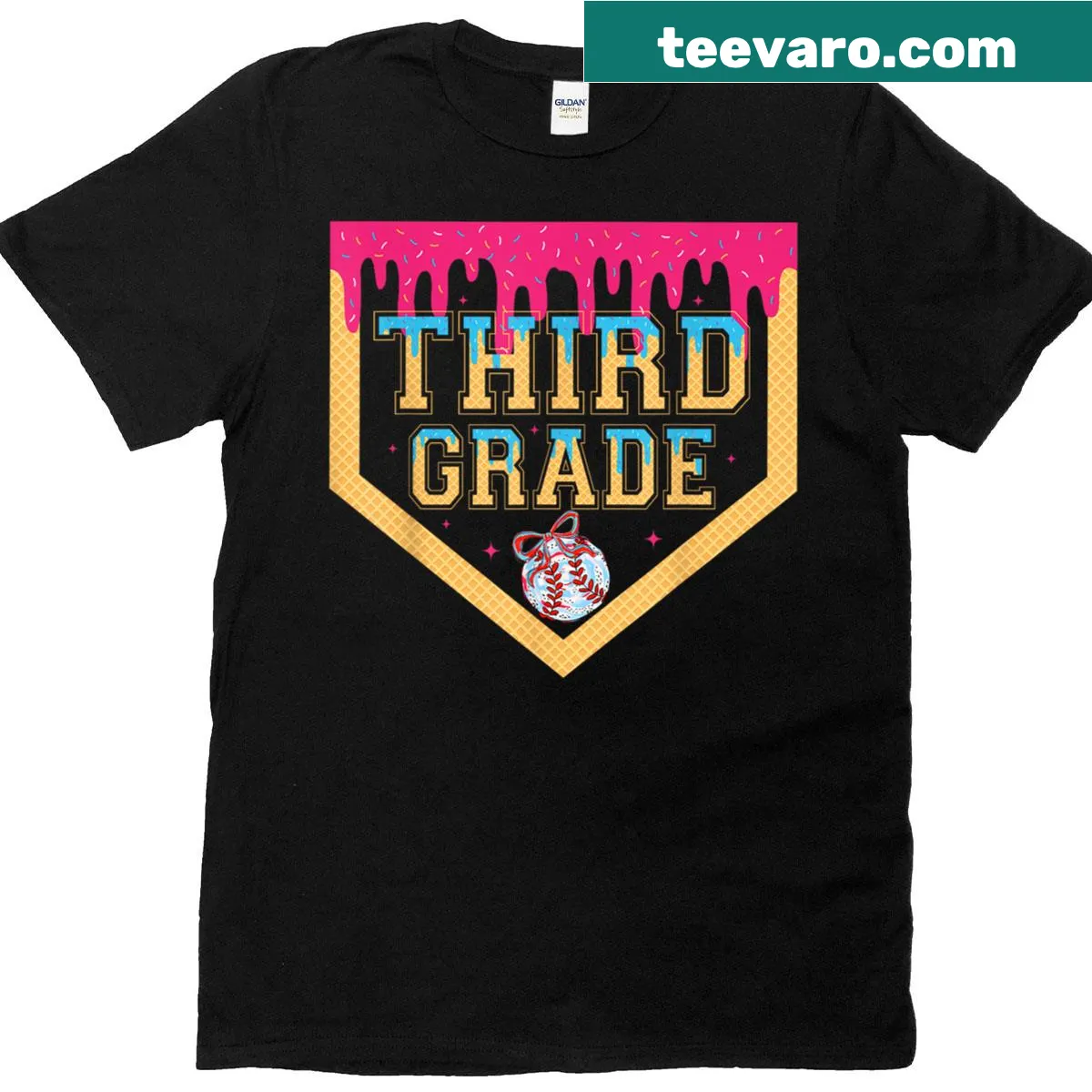 Ice cream dripping home plate design T-shirt for third graders — on a men's t-shirt