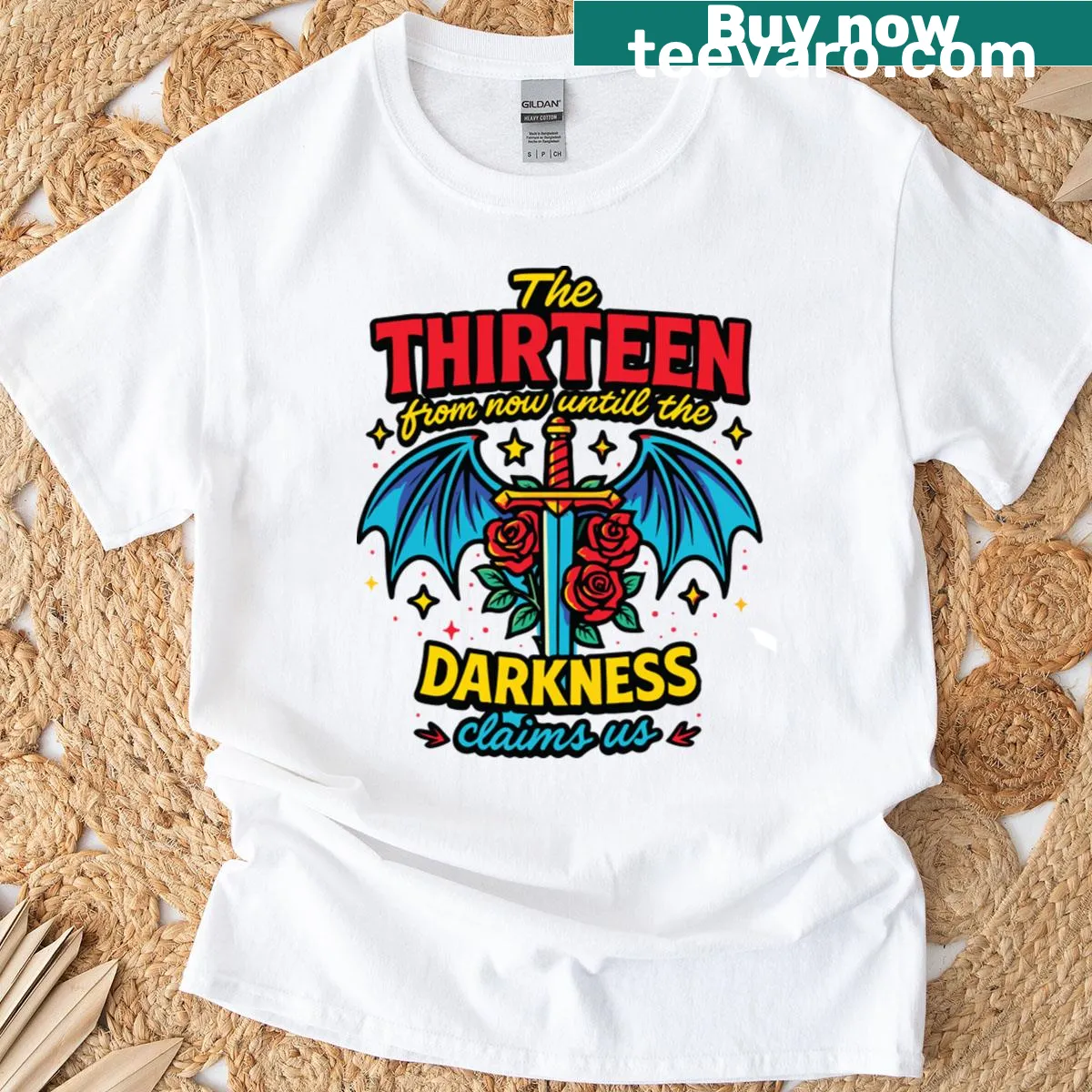 Illustrated T-shirt featuring thirteen Ironteeth witches from Fourth Wing — on a men's t-shirt