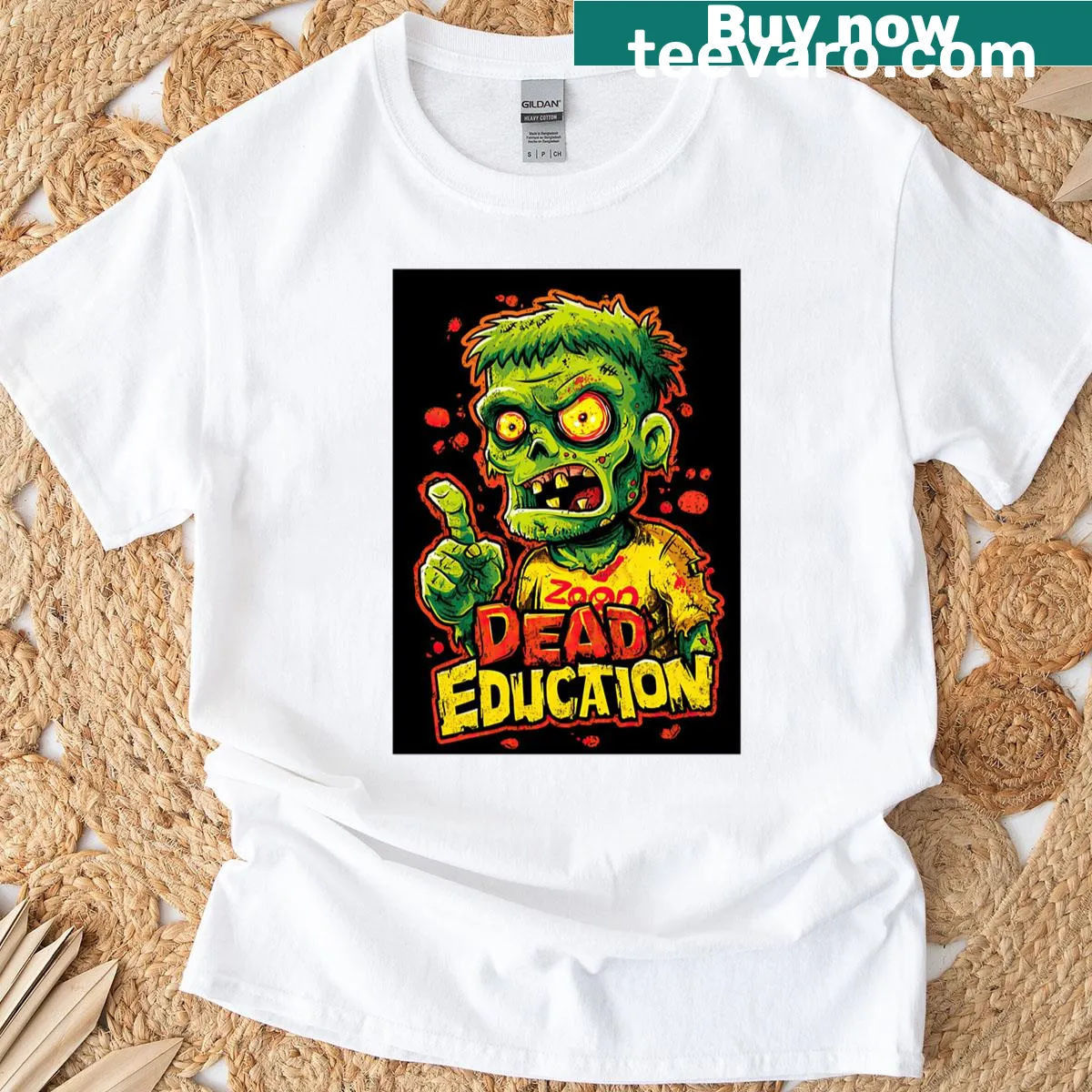 Cartoon ghoul graphic mocking modern education — on a men's t-shirt