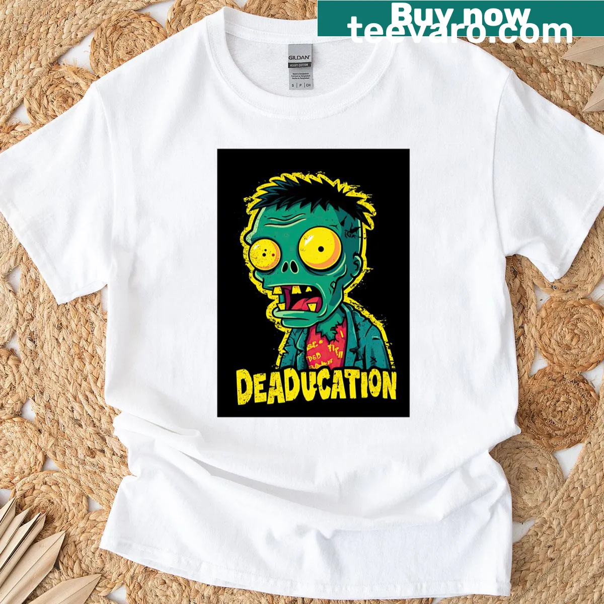 Illustration of a nerdy zombie with books, designed for students — on a men's t-shirt