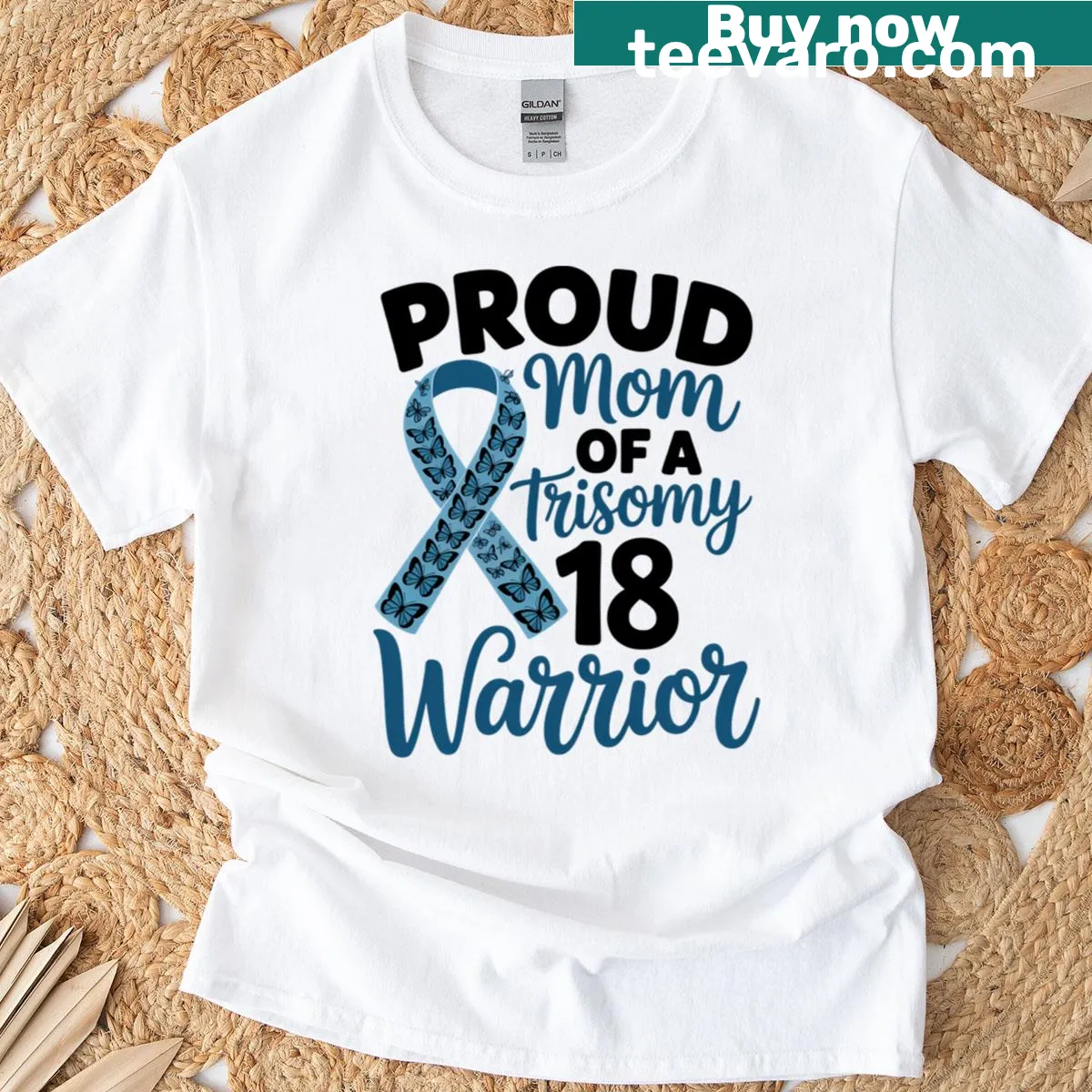 Light blue ribbon emblem for Trisomy 18 awareness on a T-shirt — on a men's t-shirt