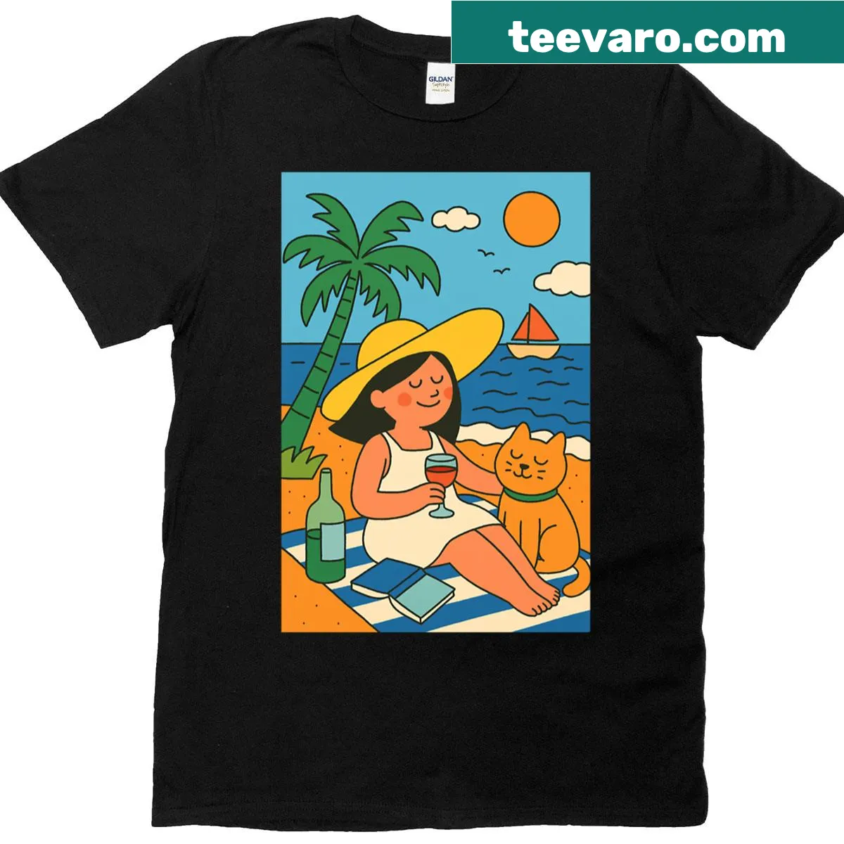 Whimsical beach-themed T-shirt featuring a cat on vacation — on a men's t-shirt