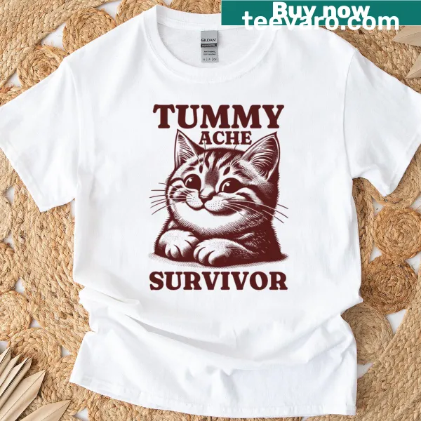 Cute cat graphic for tummy ache survivor on an oversized T-shirt