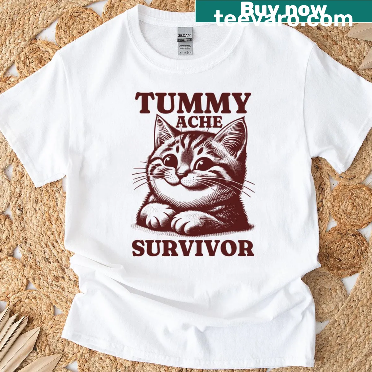 Cute cat graphic for tummy ache survivor on an oversized T-shirt — on a men's t-shirt