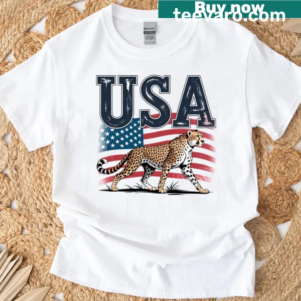 Cheetah design resembling the American flag on a t-shirt