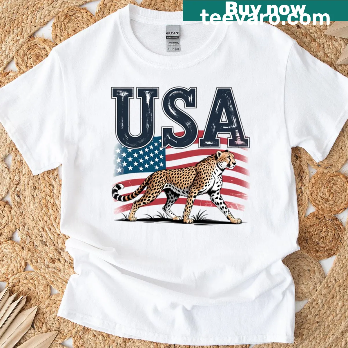 Cheetah design resembling the American flag on a t-shirt — on a men's t-shirt