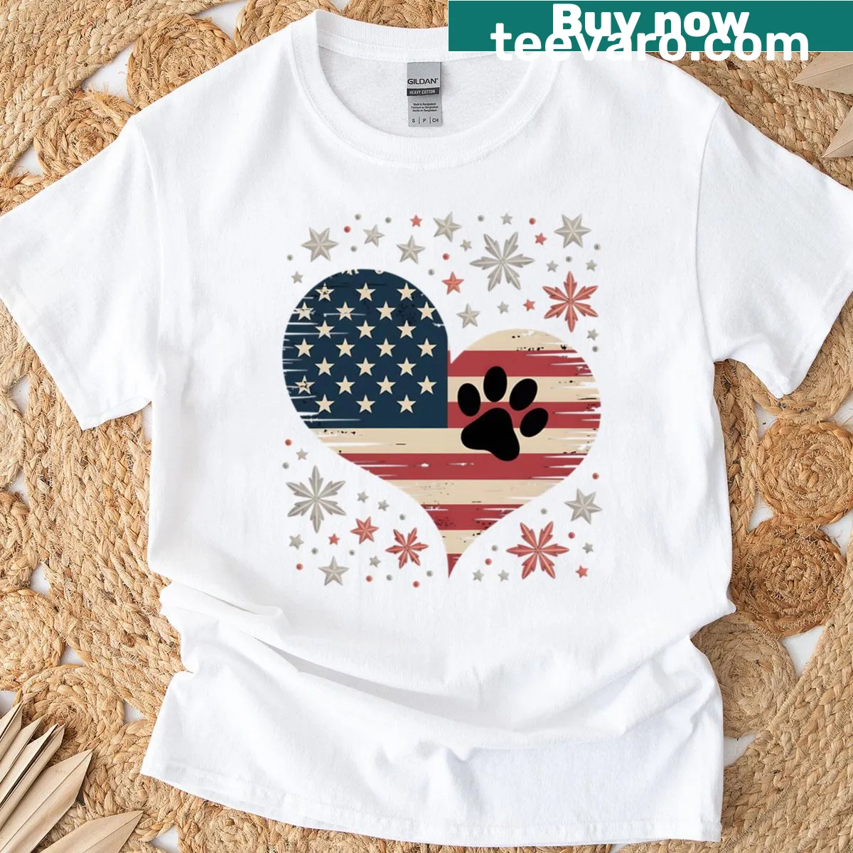 Patriotic heart graphic combining USA flag and dog paw design — on a men's t-shirt