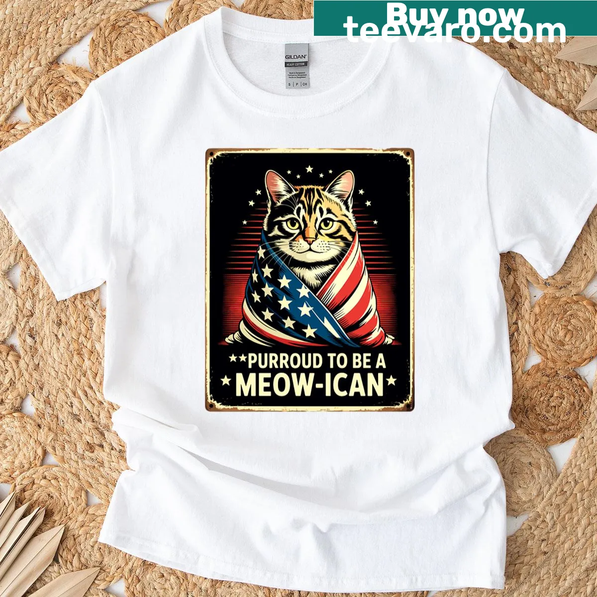 Vintage poster style T-shirt featuring a patriotic cat design — on a men's t-shirt