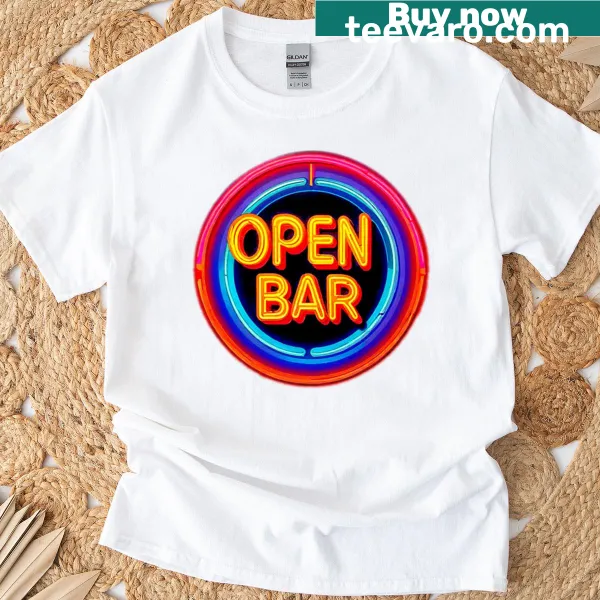 Psychedelic retro T-shirt design featuring an open bar in a circle