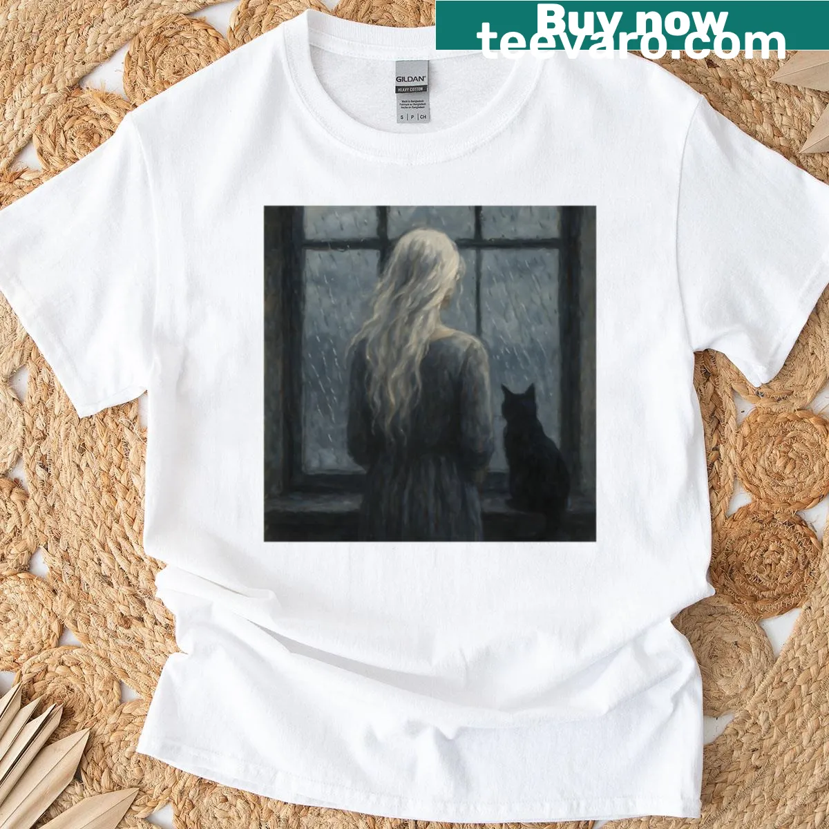 Illustrative T-shirt design featuring a serene rain scene — on a men's t-shirt