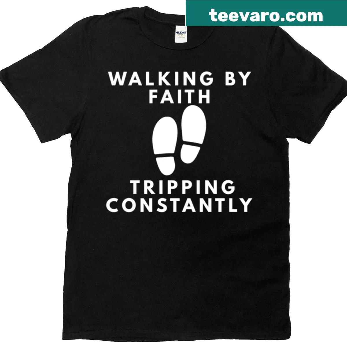 Inspirational T-shirt with the phrase 'Walking By Faith Tripping Constantly' in stylish typography. — on a men's t-shirt