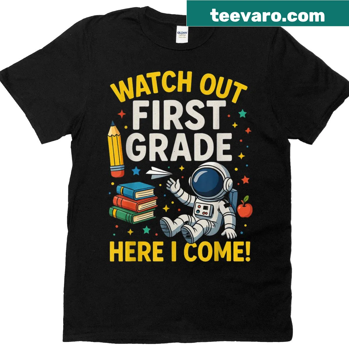 Kids' T-shirt with a cartoon astronaut and back-to-school message — on a men's t-shirt