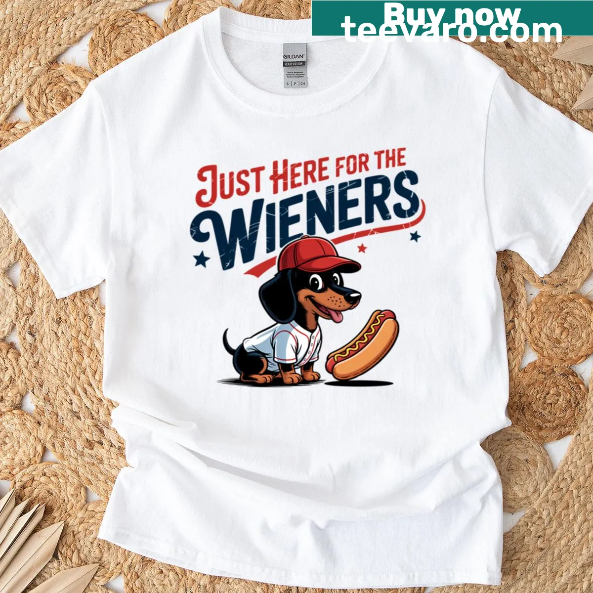 Humorous T-shirt featuring a weiner dog at a baseball game — on a men's t-shirt