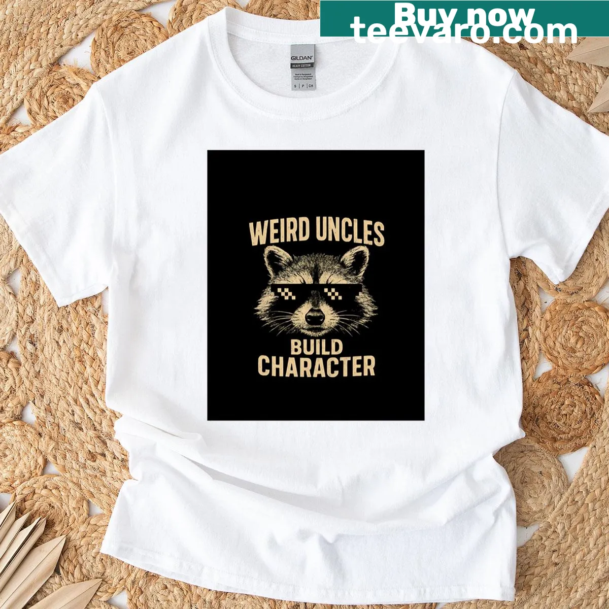 Graphic T-shirt with 'Weird Uncles Build Character' text — on a men's t-shirt