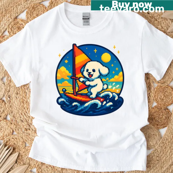 Retro T-shirt with pixel art of a windsurfing Bichon Frise