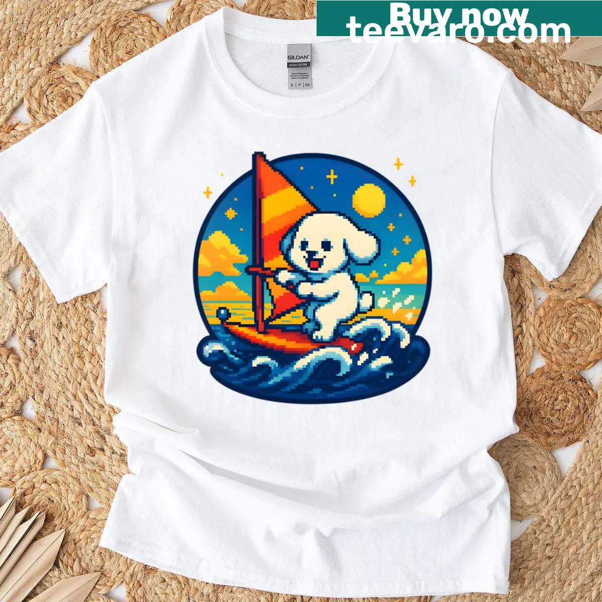 Retro T-shirt with pixel art of a windsurfing Bichon Frise — on a men's t-shirt