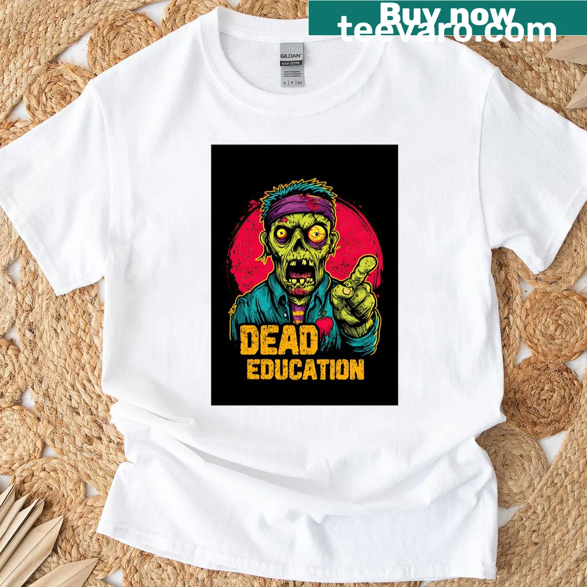 Cartoon zombie graphic with glasses and humorous text — on a men's t-shirt