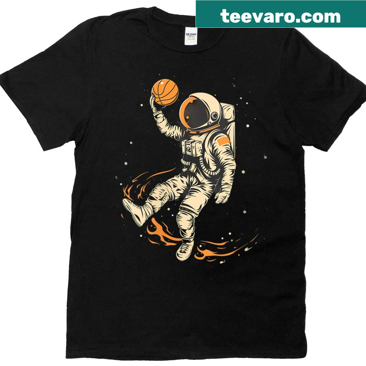 Watercolor artwork T-shirt featuring an astronaut playing basketball — on a men's t-shirt