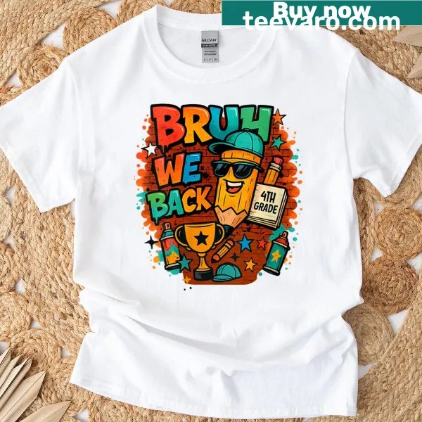 Graffiti-style T-shirt with 'Bruh We Back' text for kids