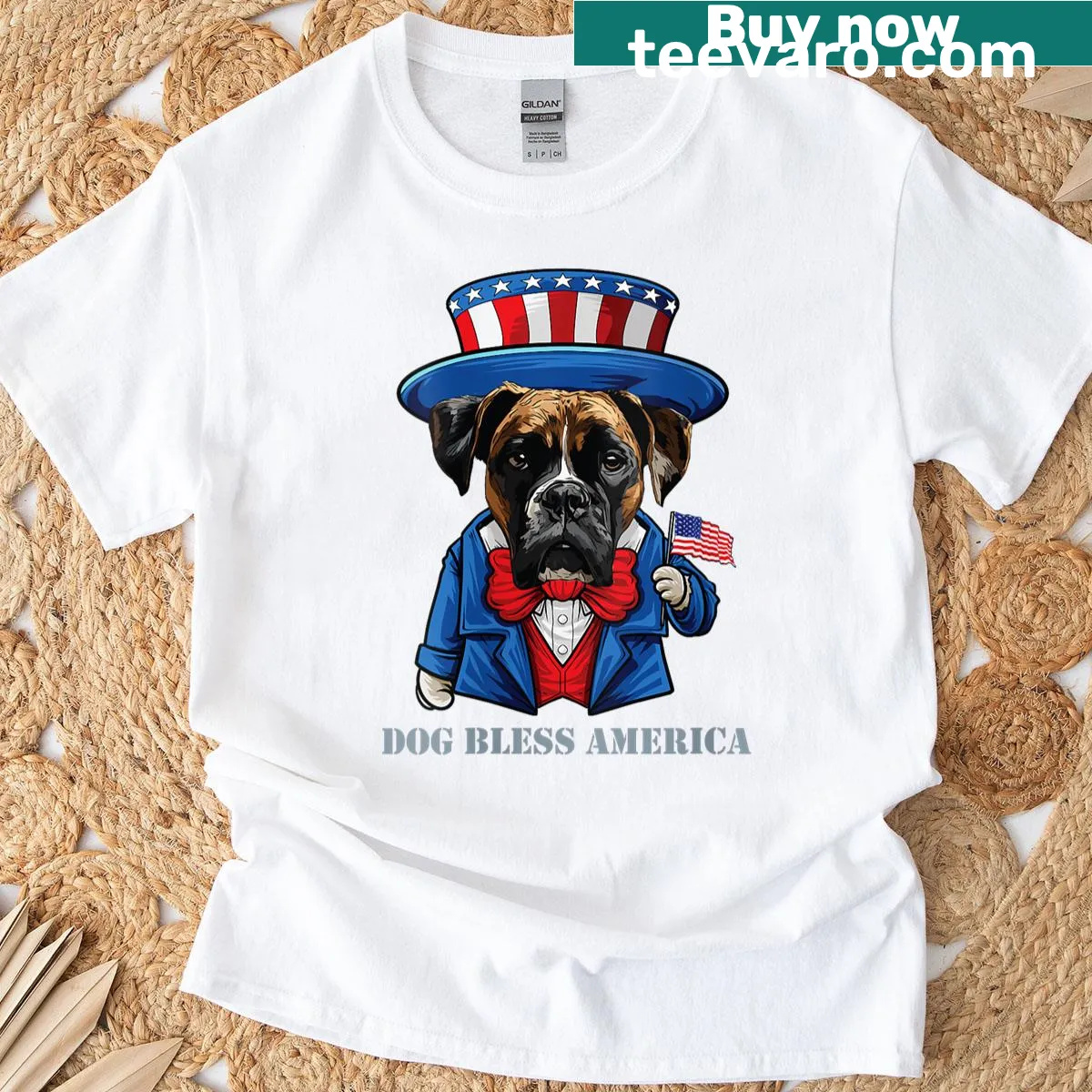 Funny cartoon boxer dog design for 4th of July — on a men's t-shirt