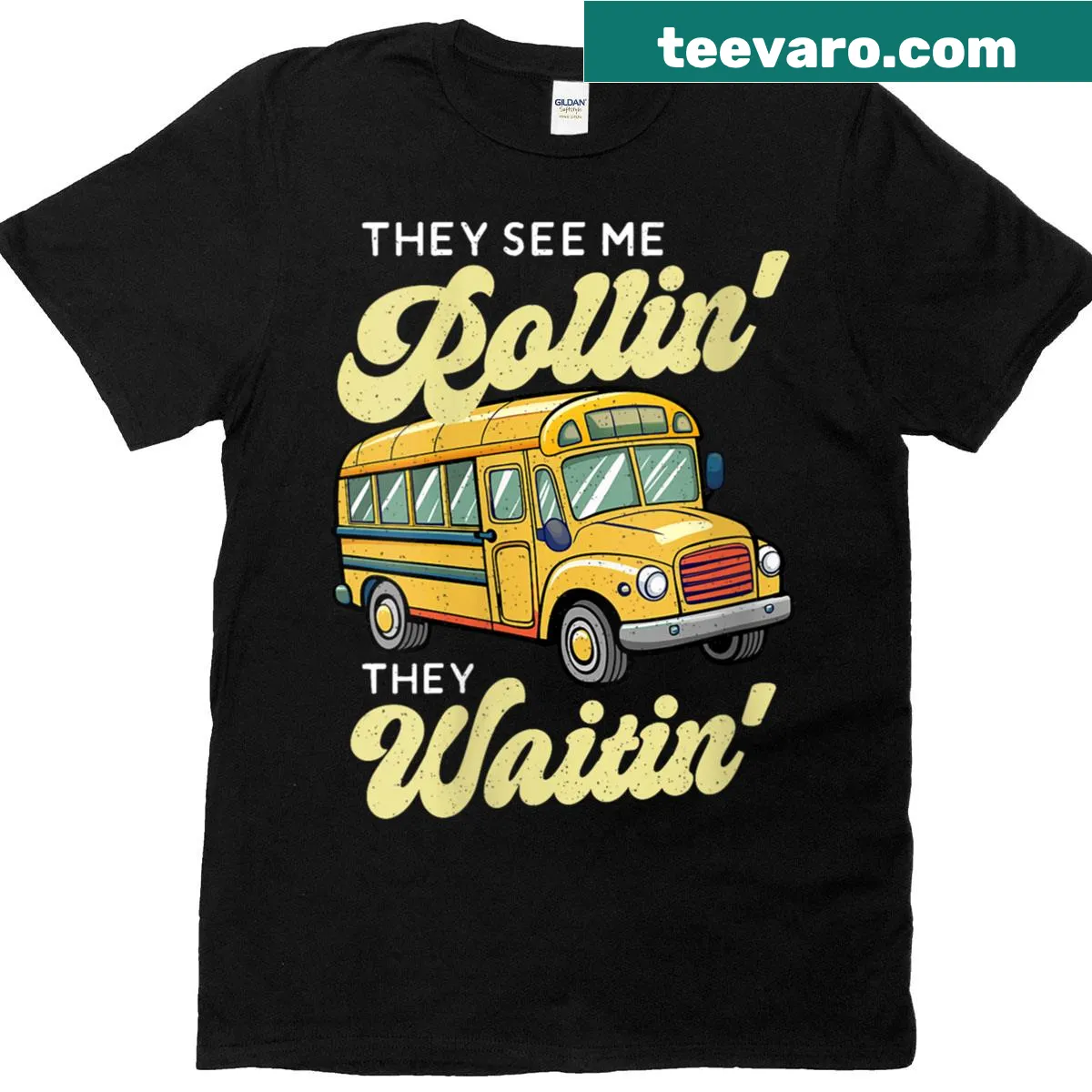 Humorous school bus driver T-shirt with They See Me Rollin text — on a men's t-shirt
